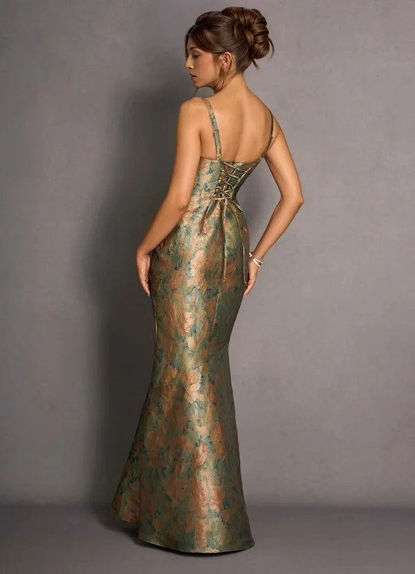 Green, Gold, and Bronze Brocade Mermaid Gown with Corset Back Green, Gold, and Bronze Brocade Mermaid Gown with Corset Back — Charity Gala Outfits