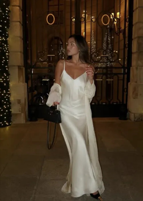 Ivory Satin Slip Dress with Sheer Duster Ivory Satin Slip Dress with Sheer Duster — Anniversary Dinner Outfits