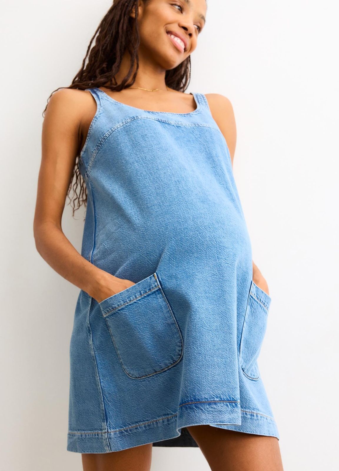 Light Blue Denim Pinafore Maternity Mini Dress Light Blue Denim Pinafore Maternity Mini Dress — Maternity Dresses