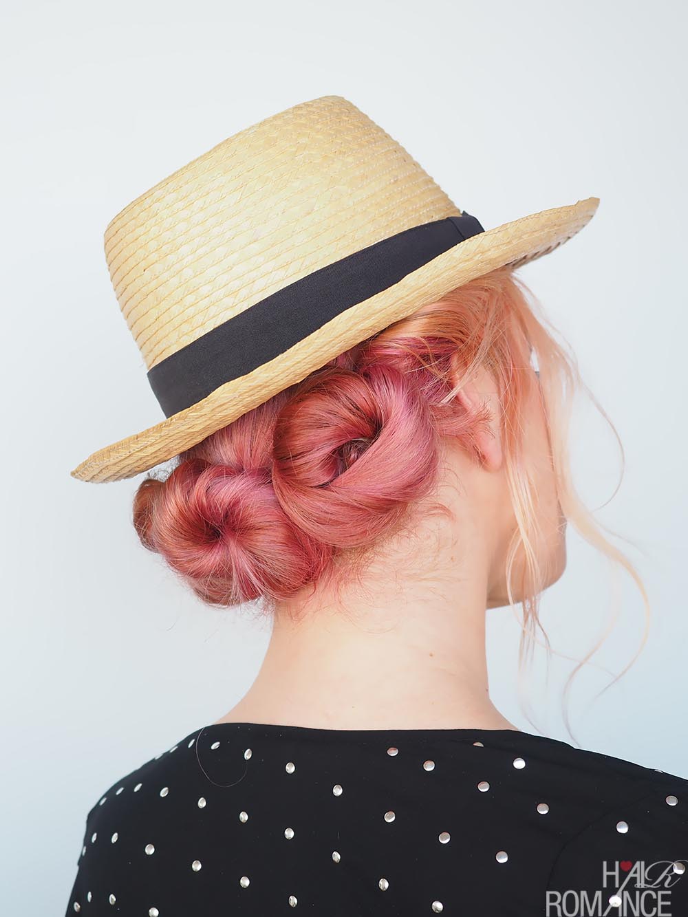 Pink Twisted Buns With Boater Hat Pink Twisted Buns With Boater Hat — Hat Hairstyles