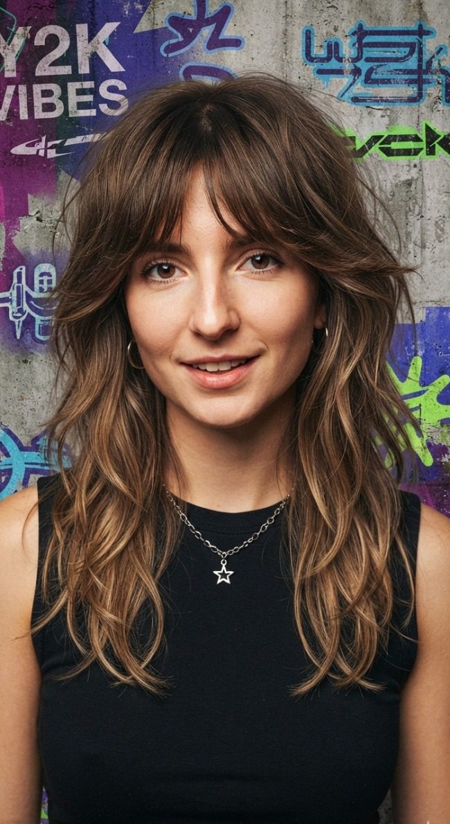 Shag with Bronde Balayage and Curtain Bangs — Y2K Hairstyles
