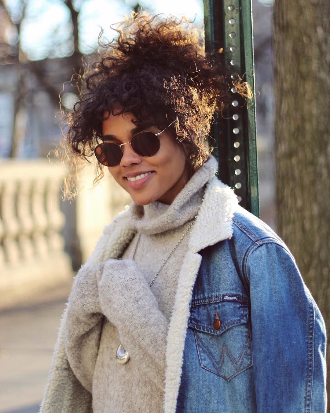 Round Sunglasses with Sherpa-Lined Denim Jacket — Sunglasses for Heart Shaped Face