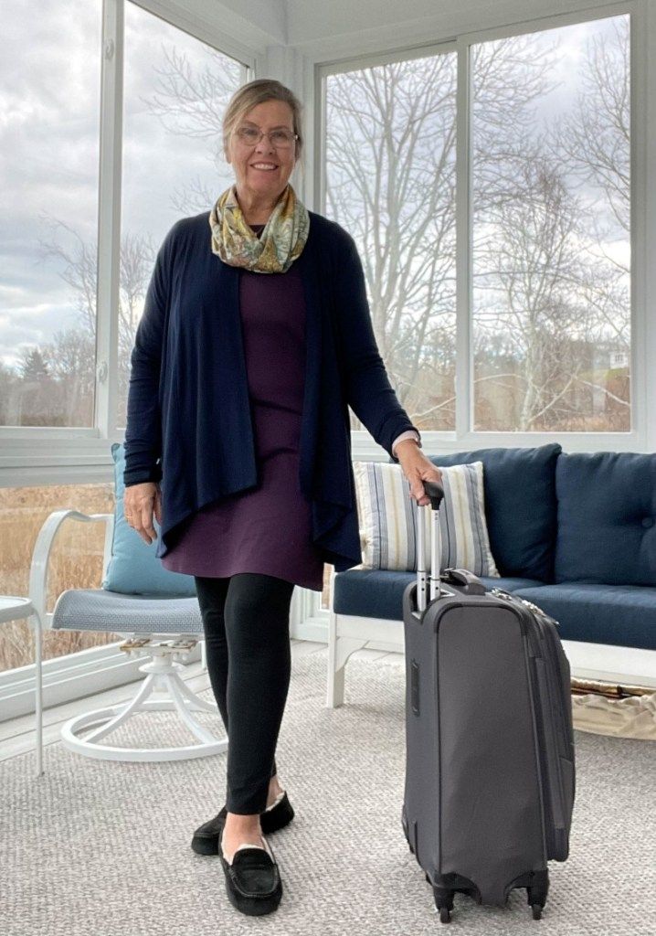 Plum Tunic Dress with Navy Cardigan and Scarf — Long Flight Outfits