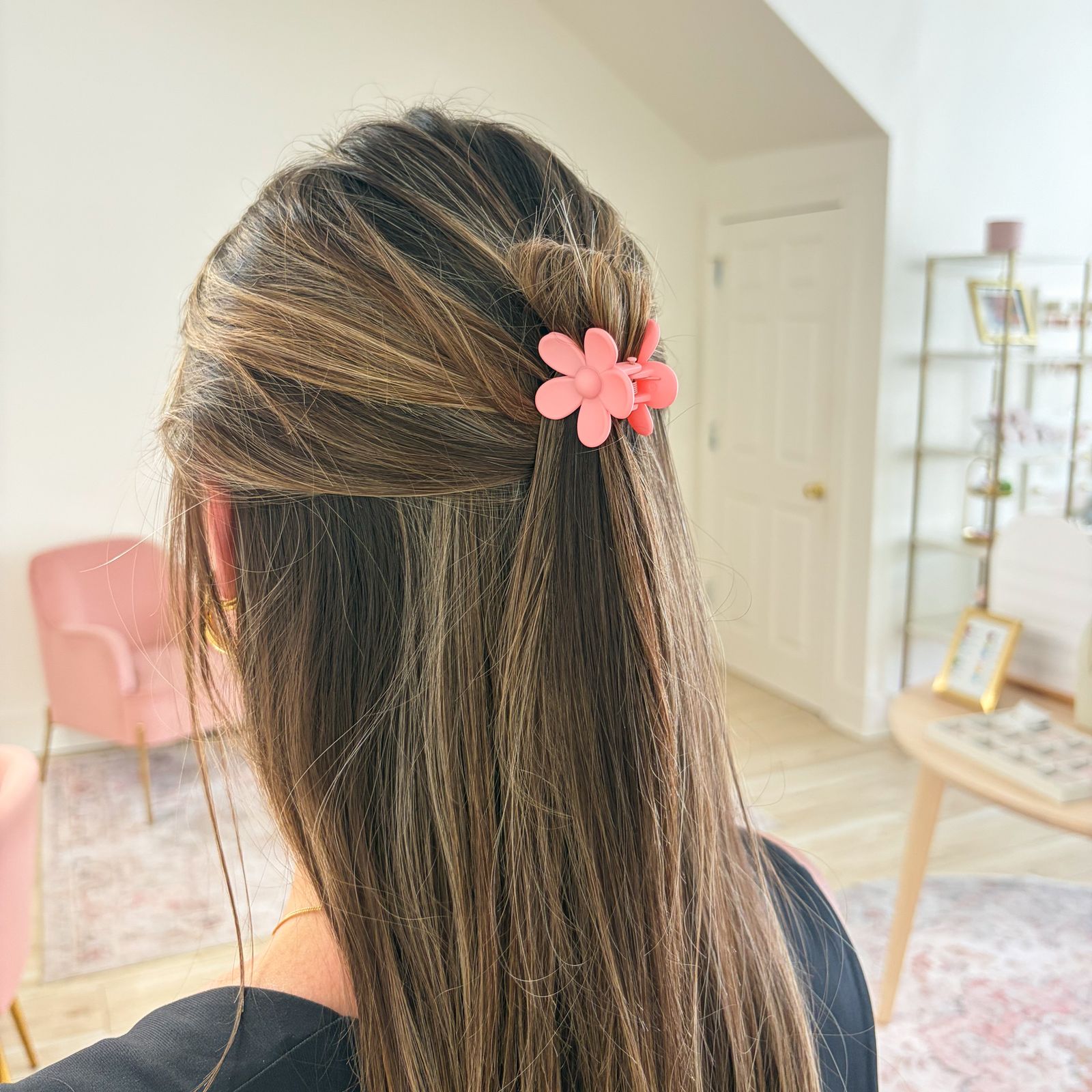 Collarbone Half-Up with Pink Flower Clip — Mini Claw Clip Hairstyles