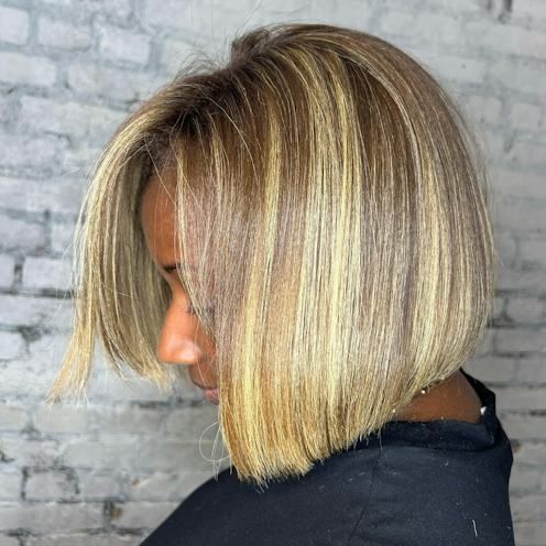 Sleek Chin Bob With Curtain Bangs — Silk Press with Layers