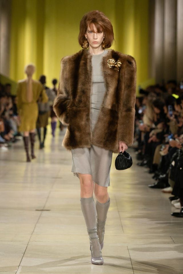 Miu Miu Grey Knit Dress with Oversized Fur Coat — Miu Miu Outfits