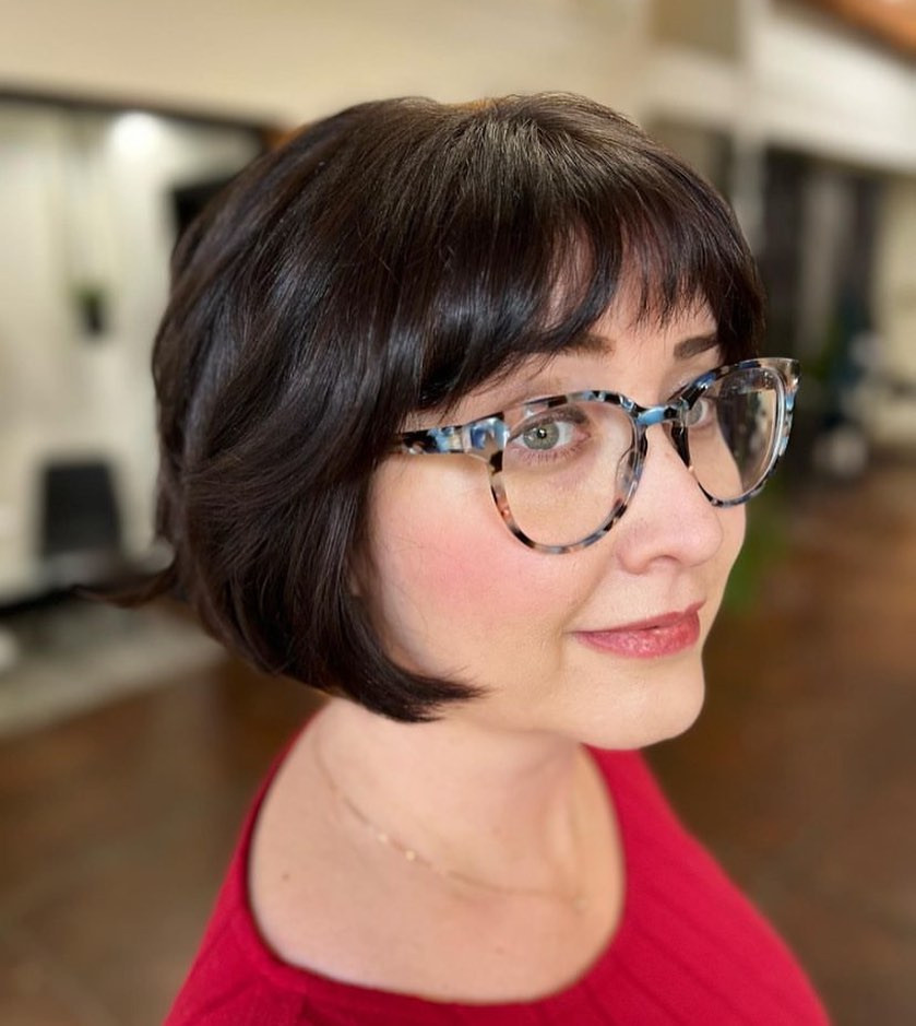 Dark Brown Chin Length Bob with Blunt Bangs and Inward Curve Dark Brown Chin Length Bob with Blunt Bangs and Inward Curve — Bob with Glasses