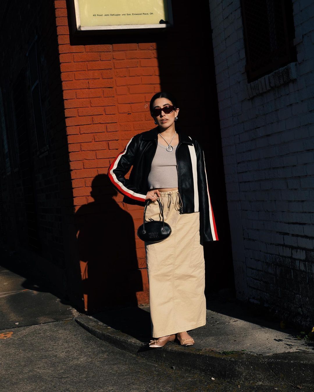 Beige Cargo Maxi Skirt with Striped Jacket — Cargo Skirt Outfits
