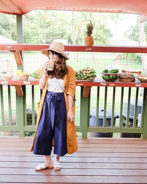 Navy Culottes with Orange Duster and Lace Top Navy Culottes with Orange Duster and Lace Top — Maui Outfits