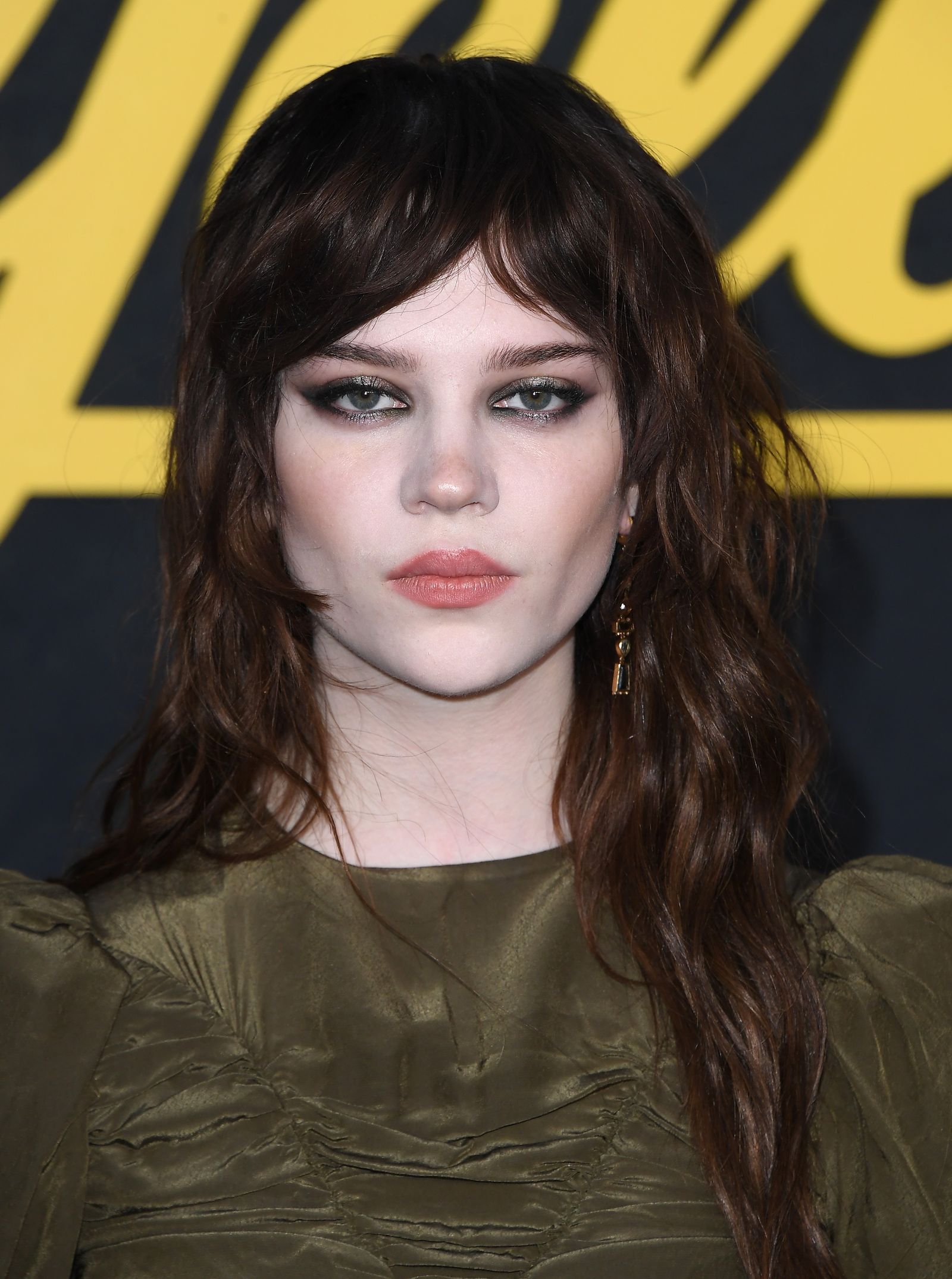 Event Ready: Olive Green Ruched Top with Wavy Brown Hair and Full Bangs — Long Bangs