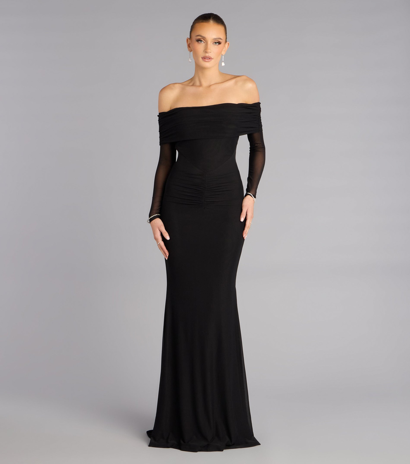 Black Sheer Mesh Dress with Off-Shoulder Neckline — Long Sleeve Dresses