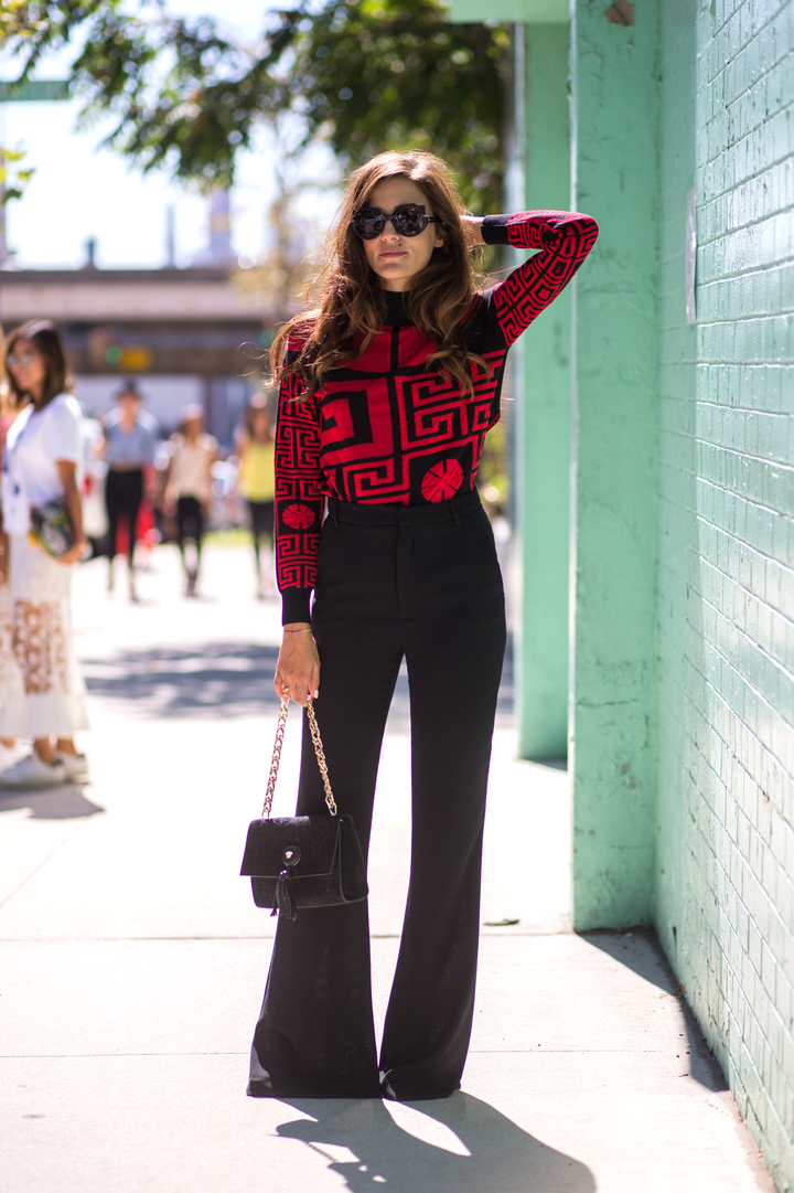 Graphic Impact: Geometric Sweater with Flare Trousers — It Girl Outfits