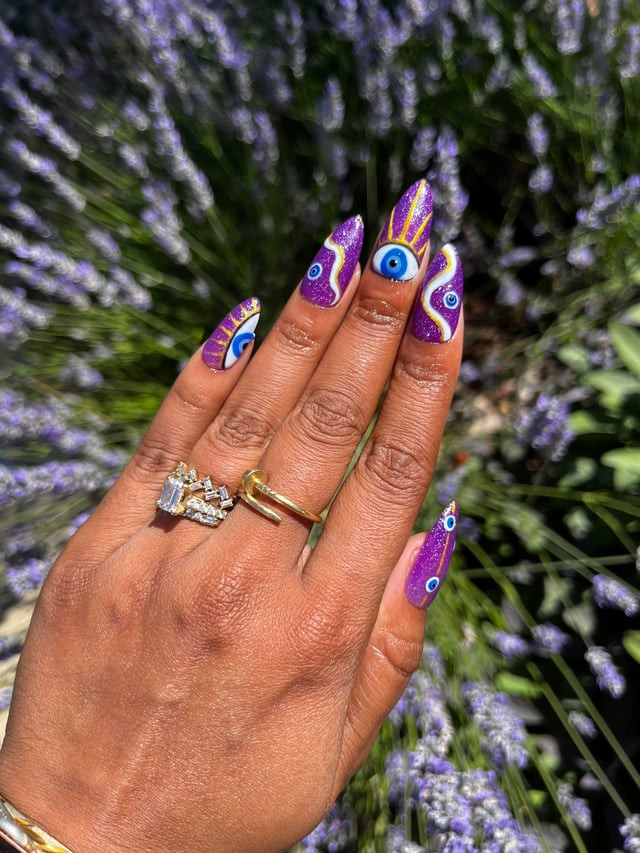 Purple Glitter Wavy Line Evil Eye Nails Purple Glitter Wavy Line Evil Eye Nails