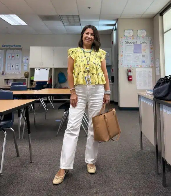 Yellow Flutter Sleeve Top with White Jeans and Tote Bag — Student Teacher Outfits