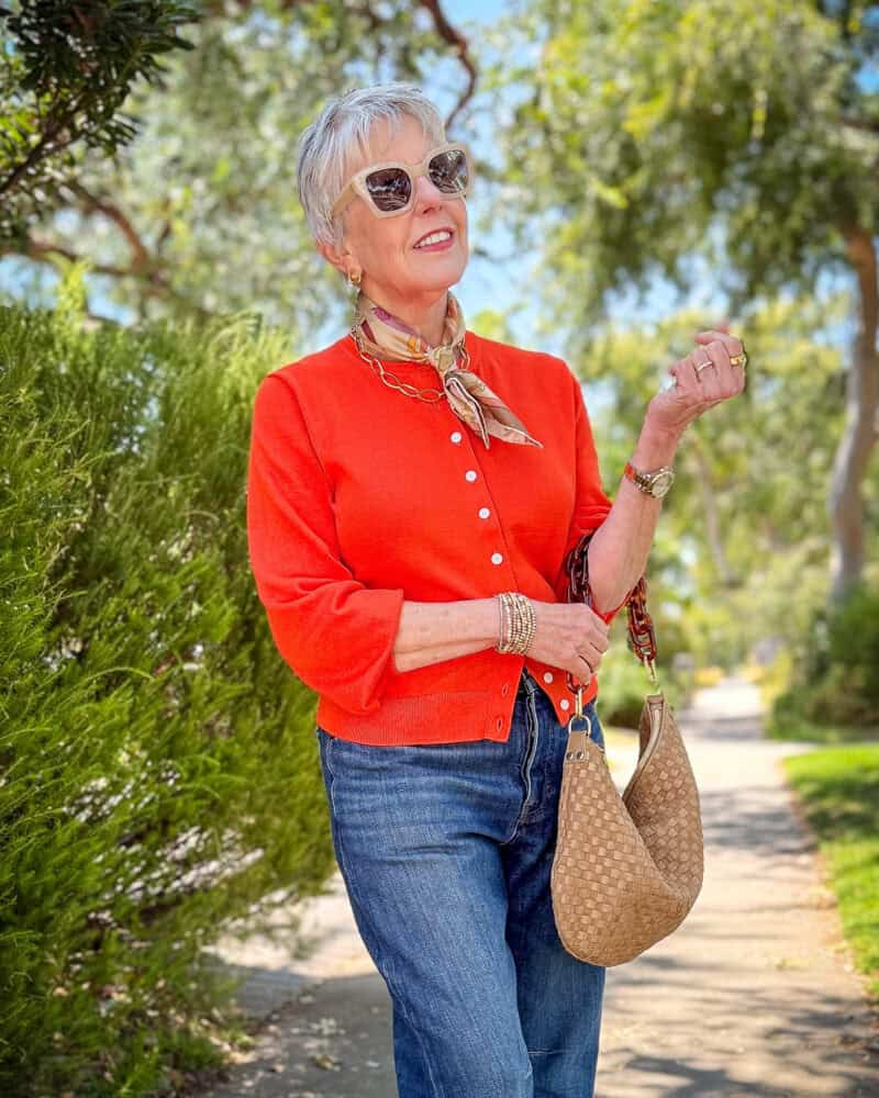 Orange Cardigan over White Tee with Straight-Leg Jeans Orange Cardigan over White Tee with Straight-Leg Jeans — Madewell Outfits