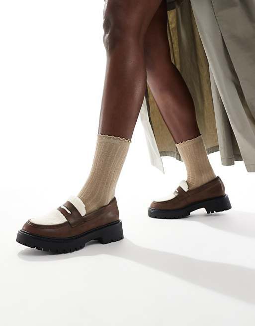 Fur-Trimmed Loafers with Olive Skirt and Beige Socks — Chunky Loafers Outfits