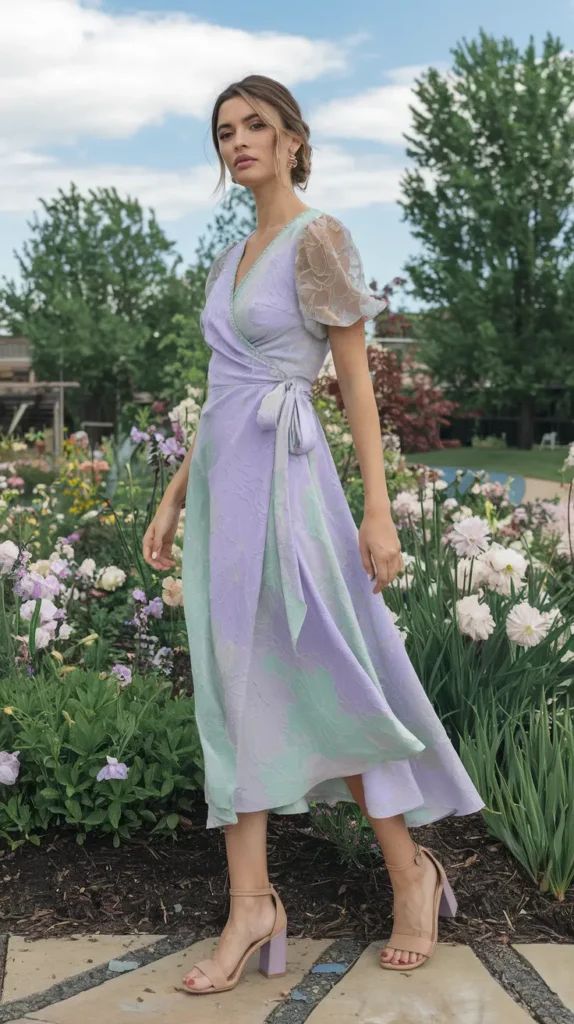 Pastel Lavender and Mint Green Wrap Midi Dress with Sheer Puff Sleeves for a Spring Baby Shower Pastel Lavender and Mint Green Wrap Midi Dress with Sheer Puff Sleeves for a Spring Baby Shower — Baby Shower Dresses