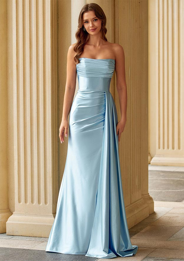 Light Blue Satin Strapless Gown with Draped Skirt — Strapless Dresses