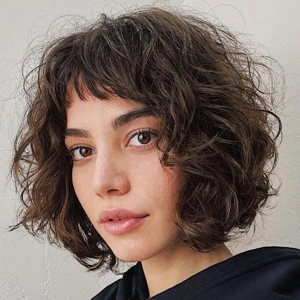Medium Brown Bob With Micro Bangs — Curly Bob