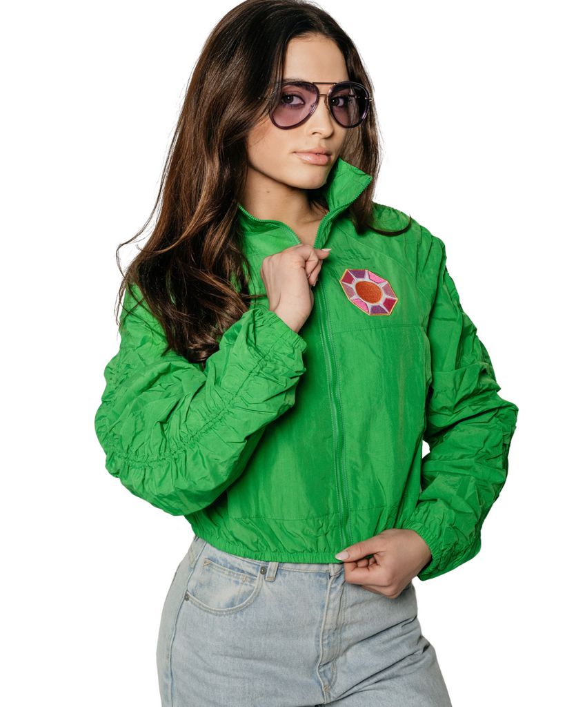 Vibrant Green Cropped Track Jacket with Embroidered Patch — Track Jacket Outfits