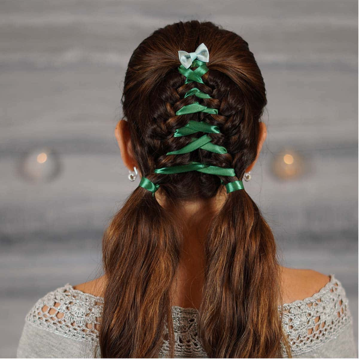 Dark Brown Pigtails With Christmas Tree Ribbons Dark Brown Pigtails With Christmas Tree Ribbons — Ribbon Hairstyles