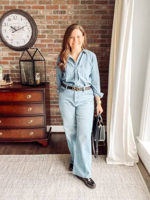 Casual Denim-on-Denim with Wide-Leg Jeans and Black Patent Loafers — Penny Loafers Outfits