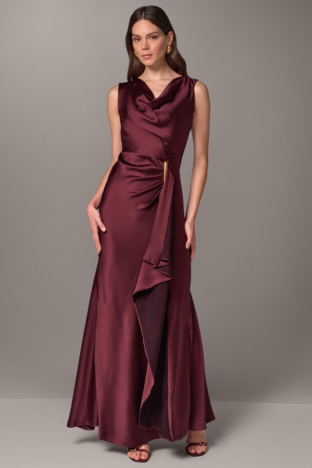 Deep Red Satin Gown with Draped Cowl Neck Deep Red Satin Gown with Draped Cowl Neck — Silk Dresses