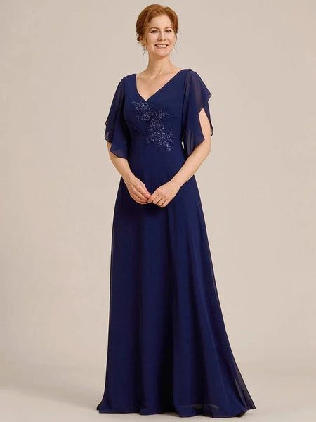 Navy Chiffon A-Line Dress with Flutter Sleeves and Beaded Bodice Navy Chiffon A-Line Dress with Flutter Sleeves and Beaded Bodice — Dresses for Broad Shoulders