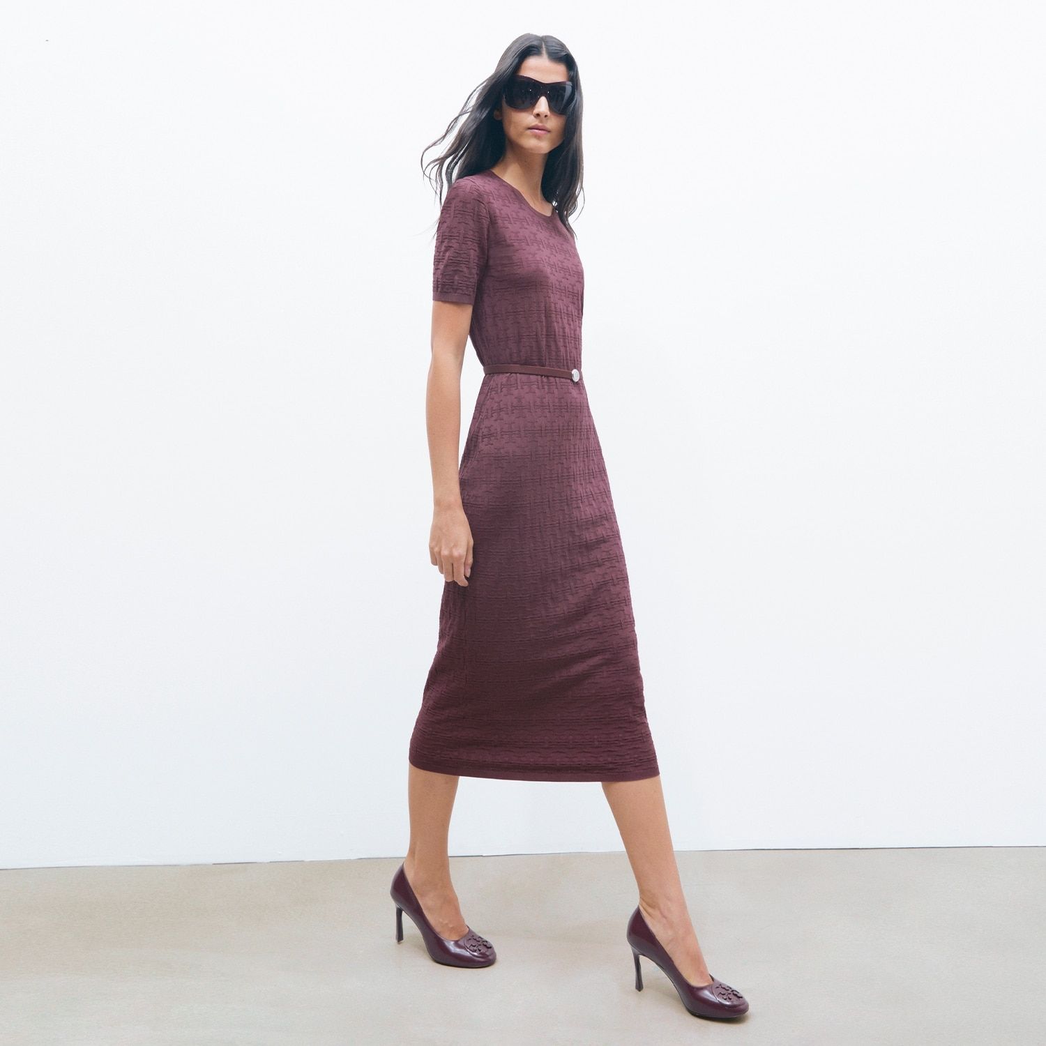 Maroon Textured Knit Sheath Dress with Belt — Sheath Dresses