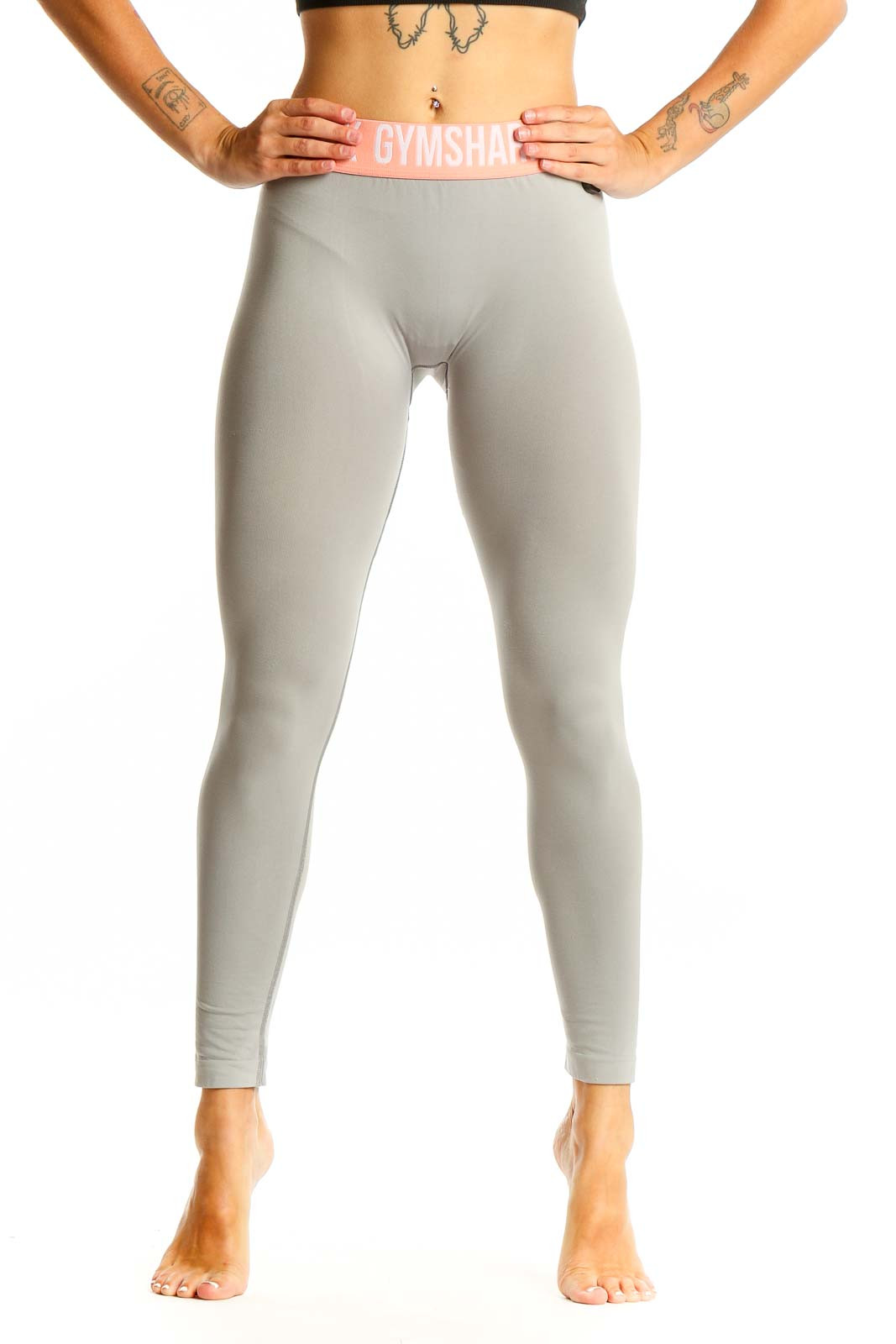 Grey High-Waisted Leggings with Prominent Pink Gymshark Waistband — Gymshark Outfits
