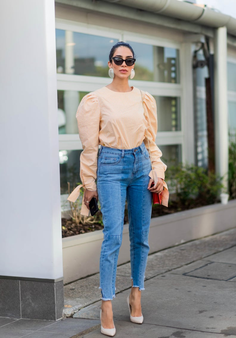Skinny Jeans with Puff-Sleeve Blouse and Nude Pumps — High Waisted Jeans