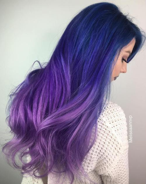 Mid-Back Blue to Purple Gradient Ombre — Dark Blue Hair