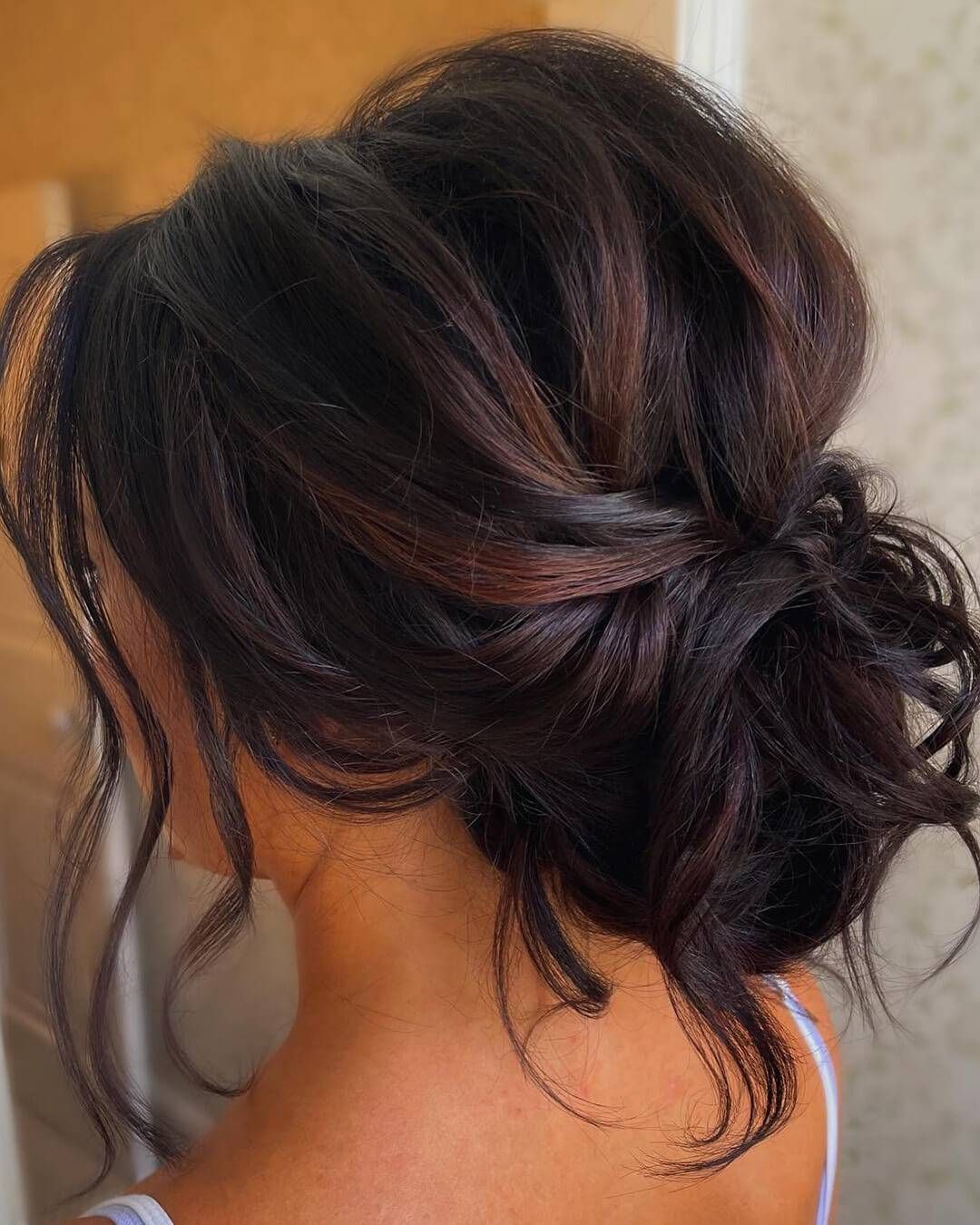 Dark Brown Loose Updo With Auburn Highlights Dark Brown Loose Updo With Auburn Highlights — Mother of the Bride Hairstyles