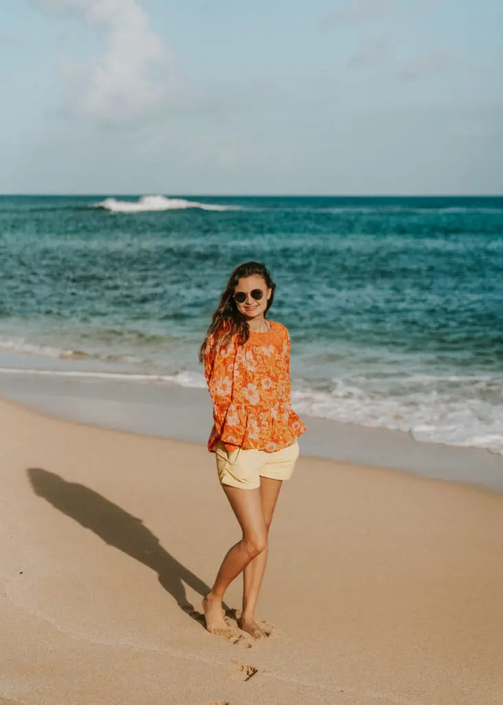 Orange Floral Blouse with Yellow Shorts for Beach Casual Orange Floral Blouse with Yellow Shorts for Beach Casual — Oahu Outfits