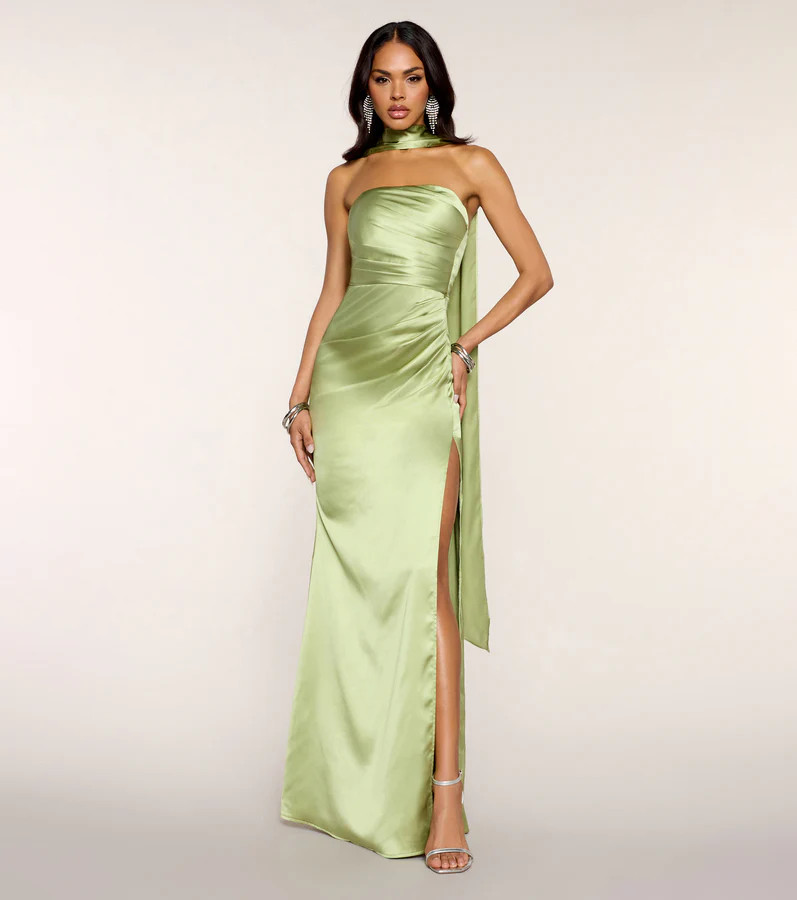 Light Green Satin Strapless Gown with Scarf Detail and High Slit Light Green Satin Strapless Gown with Scarf Detail and High Slit — Semi Formal Outfits
