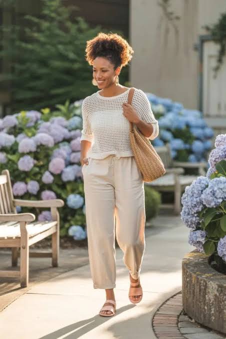 Airy Beige Linen Trousers with Open Knit Sweater — Wide Leg Pants Outfits