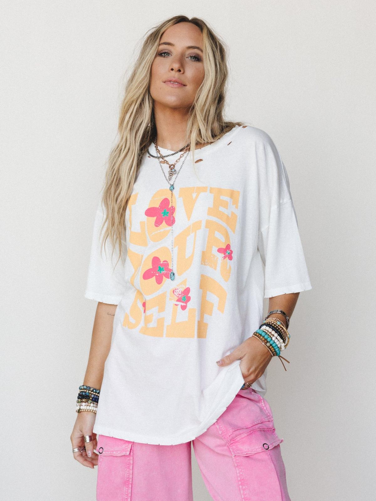 Oversized 'Love Yourself' Tee with Bright Cargo Pants Oversized 'Love Yourself' Tee with Bright Cargo Pants — Graphic Tees