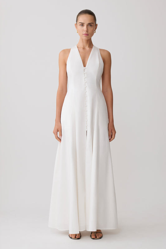 White Halter Neck Maxi Dress with Button-Front Detail — Graduation Dresses