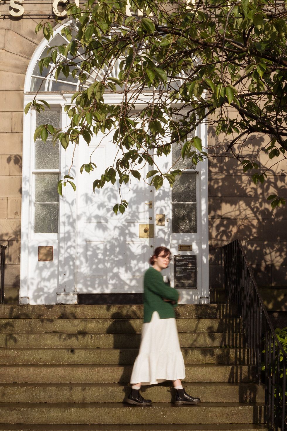 Green Knit Cardigan Over Tiered Midi Dress — Scotland Outfits