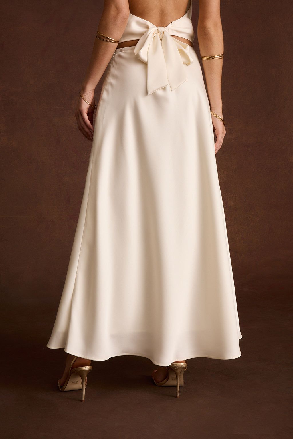 Ivory Satin Halterneck Dress with A-Line Skirt and Tie Detail — Honeymoon Dresses