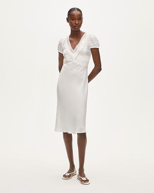 White Satin Midi Dress: Lace Trim Detail — Date Party Dresses