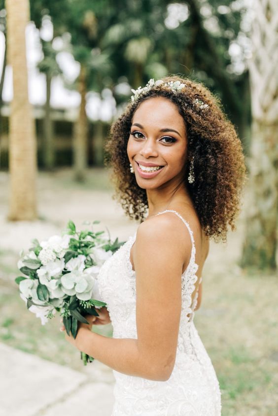 Brown Curls With Auburn Highlights And Floral Crown — Natural Hair Wedding Styles