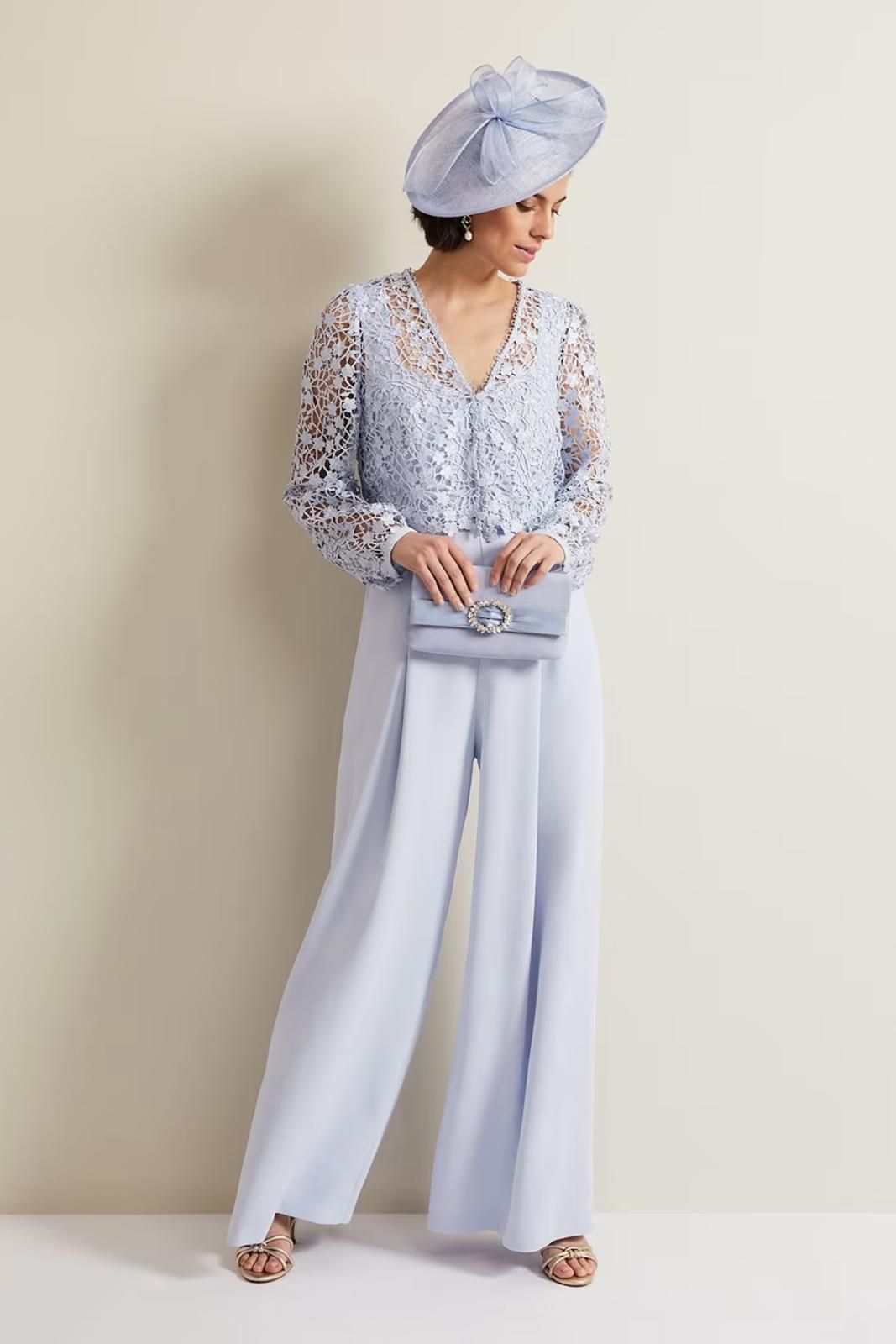 Light Blue Lace Jumpsuit with Wide-Leg Trousers — Grandmother of the Bride Outfits