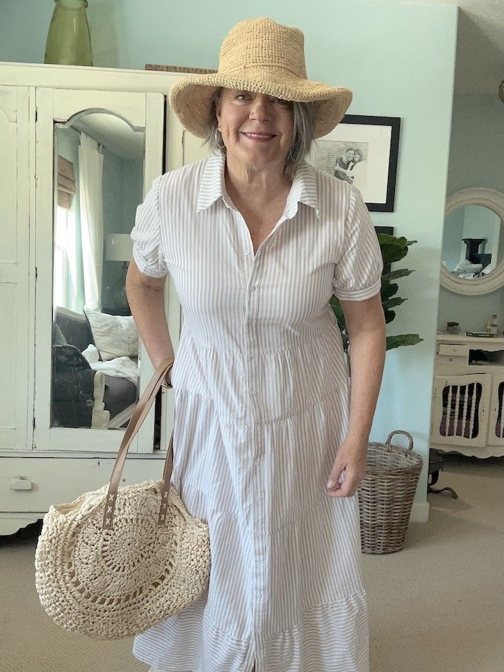 Casual Summer Tiered Midi Dress with Straw Hat Casual Summer Tiered Midi Dress with Straw Hat — Striped Dresses