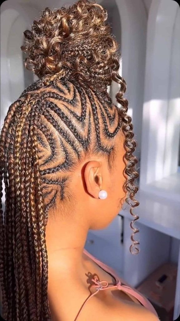 Zig-Zag Cornrows with Curly Accents Zig-Zag Cornrows with Curly Accents — Cornrow Bun
