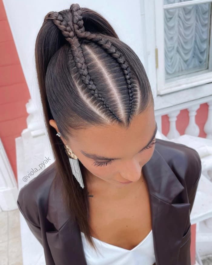 Cornrows Into Shoulder-Length Braid — Braided High Ponytail