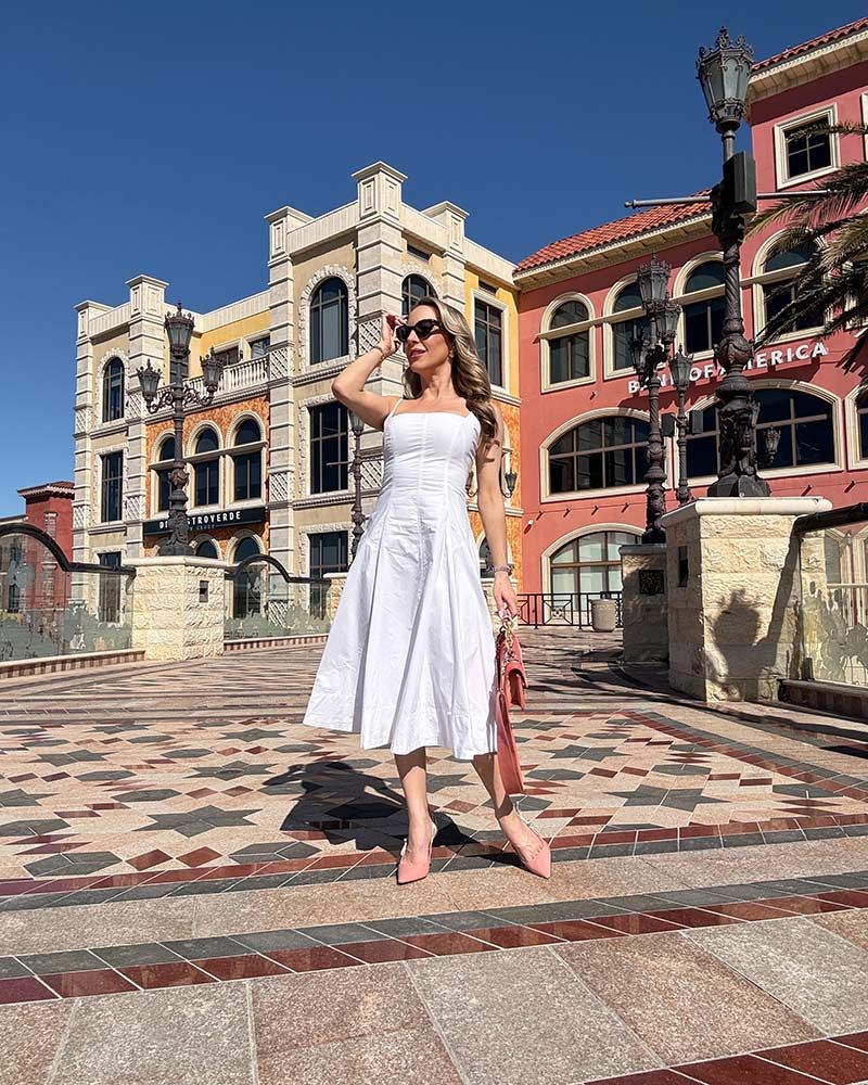 Strapless Midi Dress with Pink Slingbacks for a Chic Summer Daytime Look — Slingback Heels Outfits
