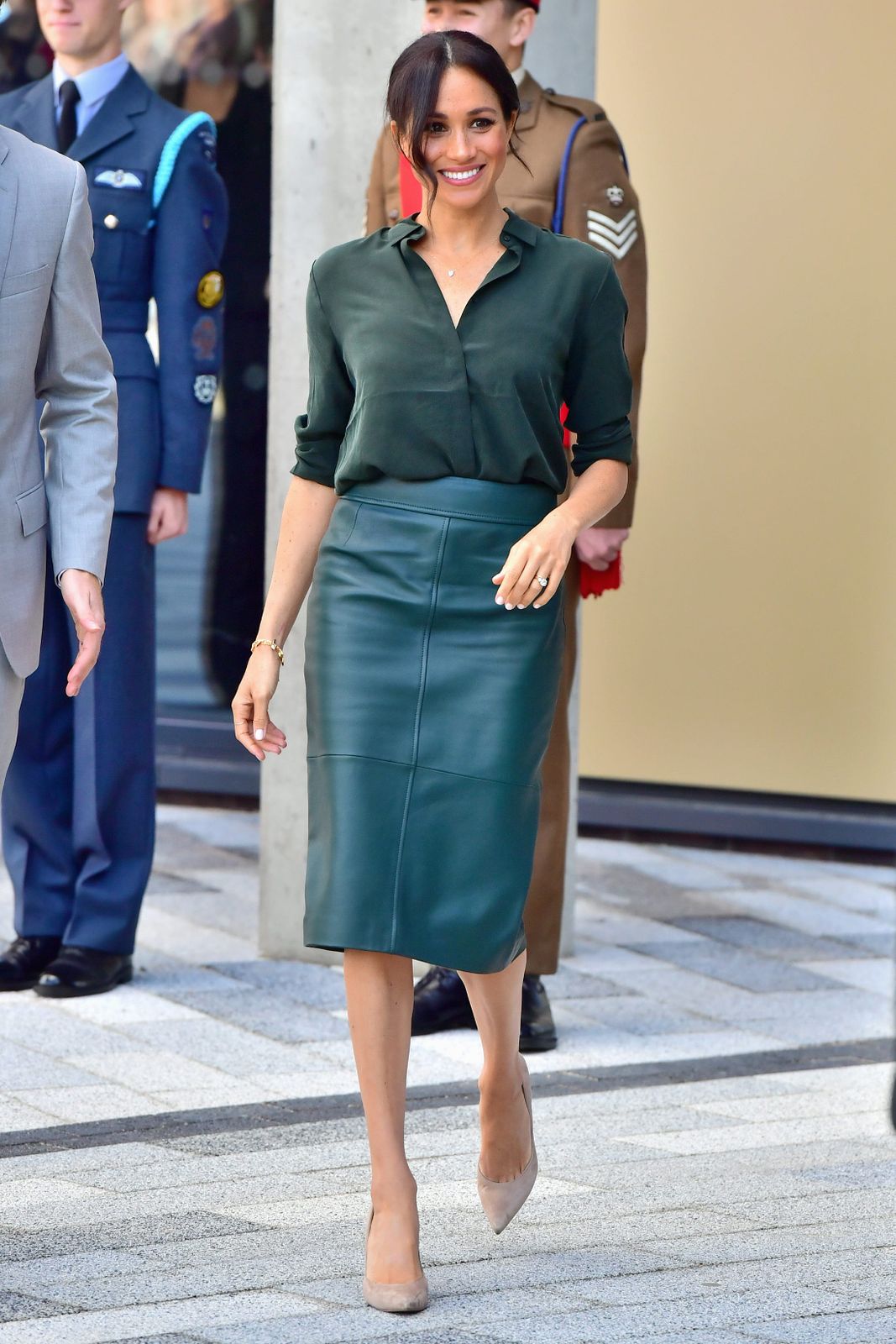 Dark Green Leather Pencil Skirt with Silk-Like Blouse — Pencil Skirt Outfits