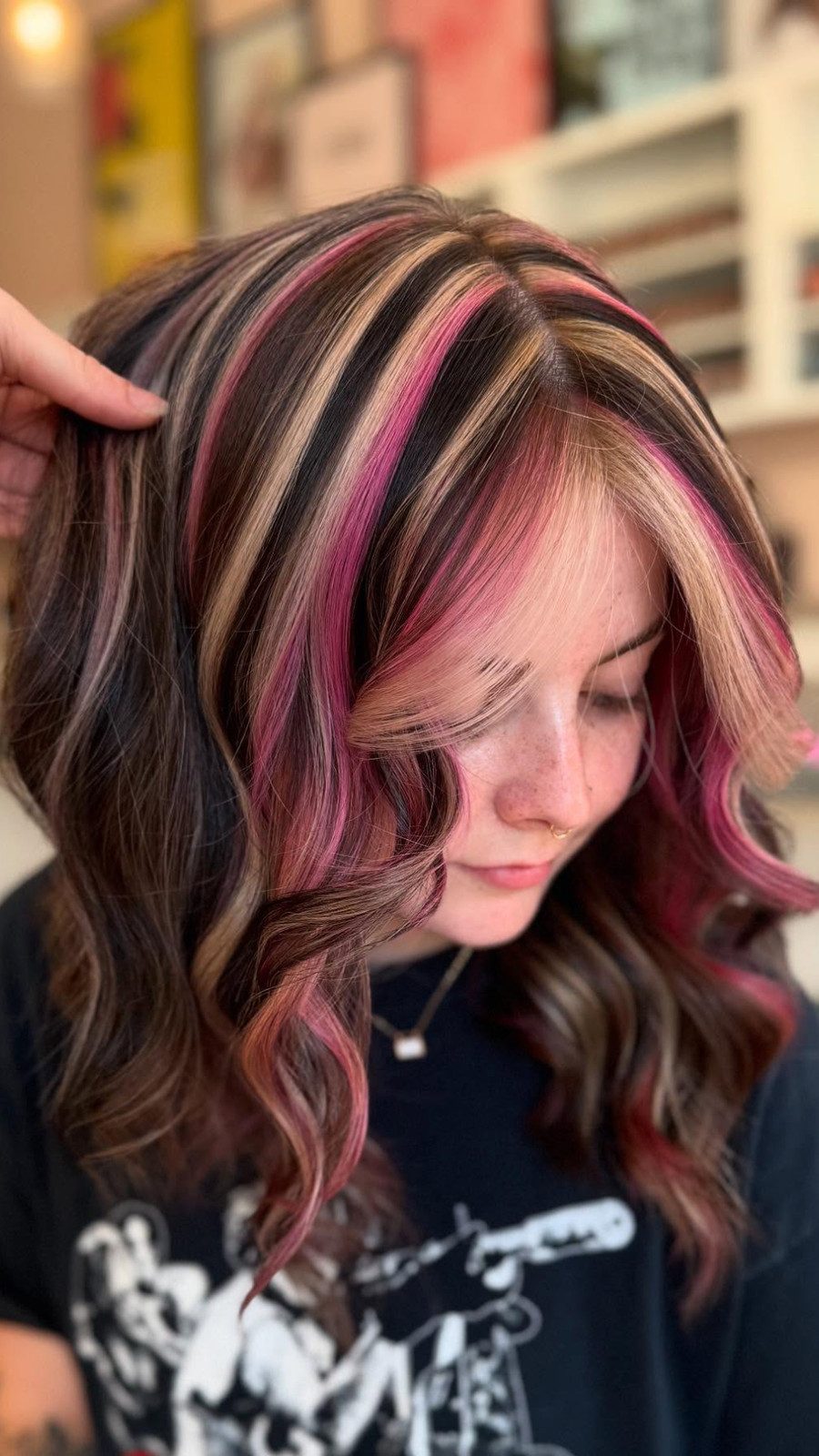 Dark Brown Lob With Pink and Blonde Streaks Dark Brown Lob With Pink and Blonde Streaks — Highlights