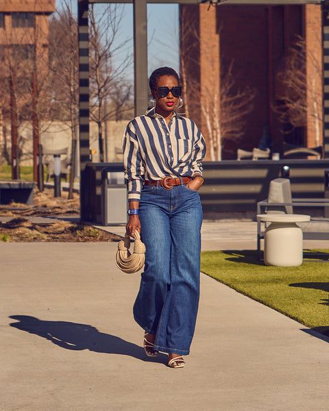 Striped Shirt with Wide-Leg Jeans and Belt Striped Shirt with Wide-Leg Jeans and Belt — Denim Shirt Outfits